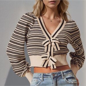 Striped Bow Decor Cropped Cardigan Sz L & PLUS